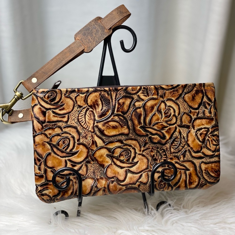 Cowhide brown Wristlet in embossed rose design, detachable strap, zippered